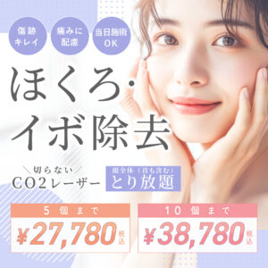 ほくろ・イボ除去 傷跡キレイ 痛みに配慮 当日施術OK 切らないCO2レーザー とり放題 顔全体（首も含む）5個まで 税込27,780円 10個まで 税込38,780円 