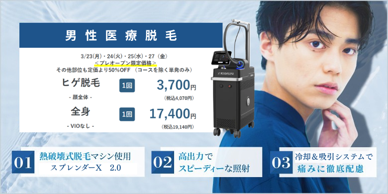 男性医療脱毛3/23(月)・24(火)・25(水)・27(金)プレオープン限定価格　その他部位も定価より50％オフ（コースを除く単発のみ）ヒゲ脱毛（顔全体）１回3,700円（税込4,070円）、全身（VIOなし）1回17,400円（税込19,140円）1.熱破壊式脱毛マシン使用スプレンダーX2.0 2.高出力でスピーディーな照射　3.冷却＆吸引システムで痛みに徹底配慮